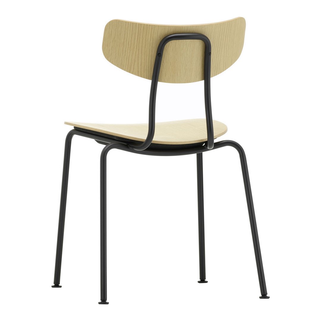 Black metal frame with a light natural wood seat and backrest, showcasing a minimalist design and smooth textures.