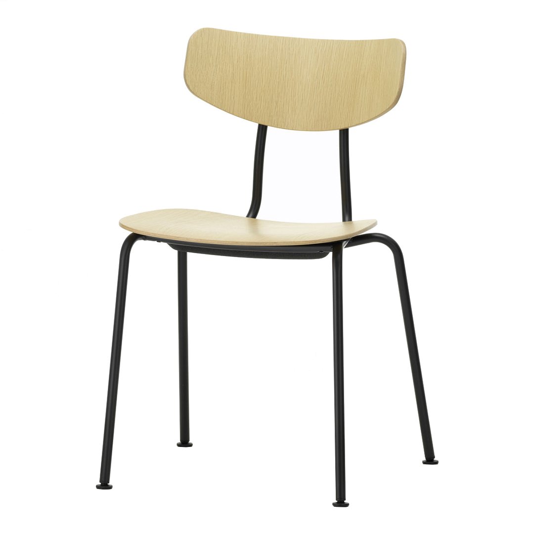 Light wood chair with a smooth finish and black metal legs, featuring a minimalist design and natural color scheme.