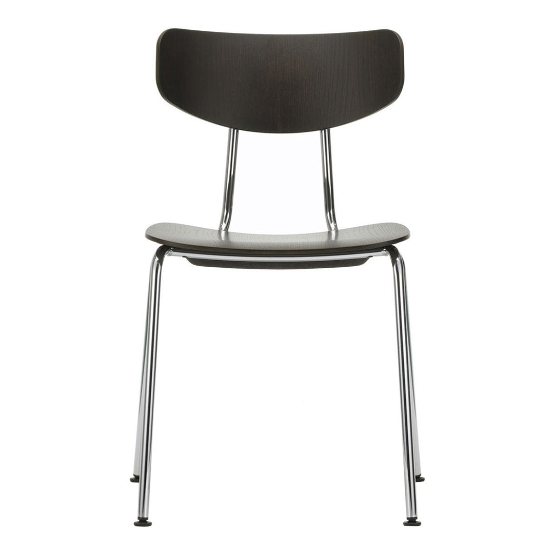 Black wood chair with a sleek, smooth finish and chrome legs, featuring a minimalist and modern design.