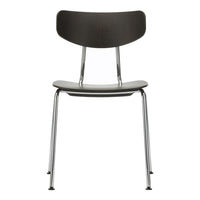 Black wood chair with a sleek, smooth finish and chrome legs, featuring a minimalist and modern design.