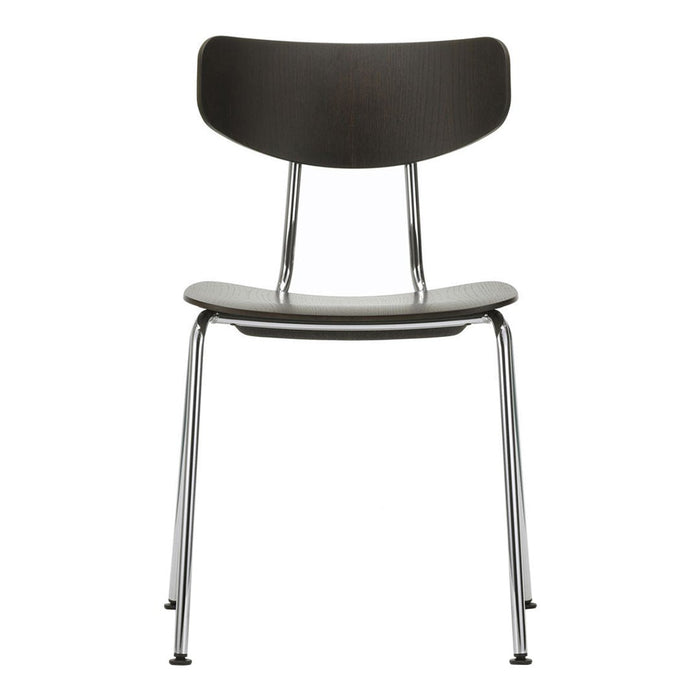 Black wood chair with a sleek, smooth finish and chrome legs, featuring a minimalist and modern design.