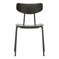 Sleek black wooden chair with a minimalist design and smooth finish, featuring a simple curved backrest.