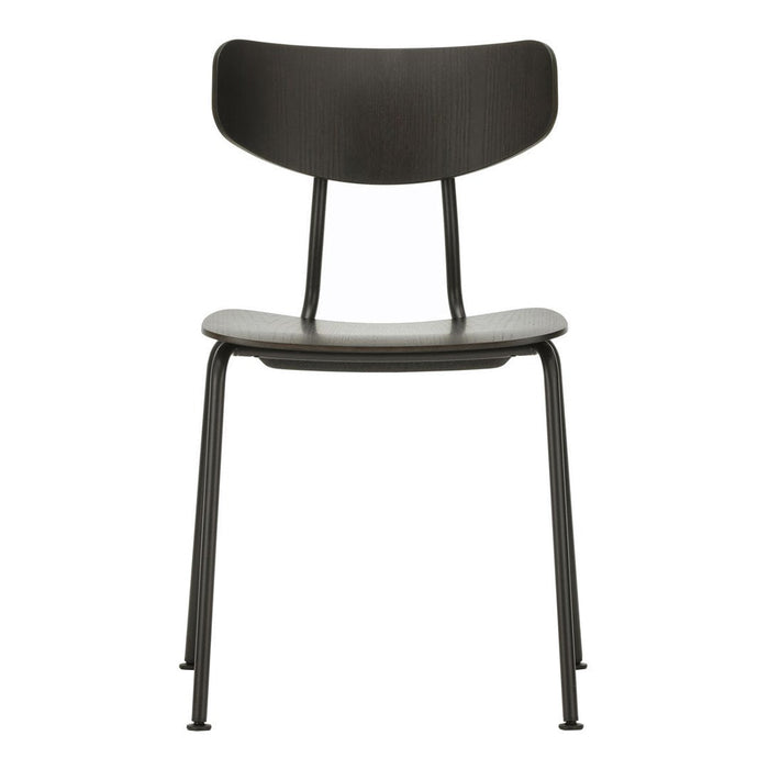 Sleek black wooden chair with a minimalist design and smooth finish, featuring a simple curved backrest.