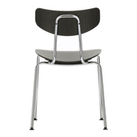 Black wooden chair with chrome legs and a minimalist design, featuring a smooth, modern finish.