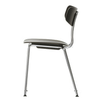 Modern chrome chair with a sleek black backrest and gray seat, showcasing minimalist design and clean lines.