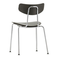 Modern black chair with a minimalist design and chrome legs, featuring smooth surfaces and a simple, sleek silhouette.