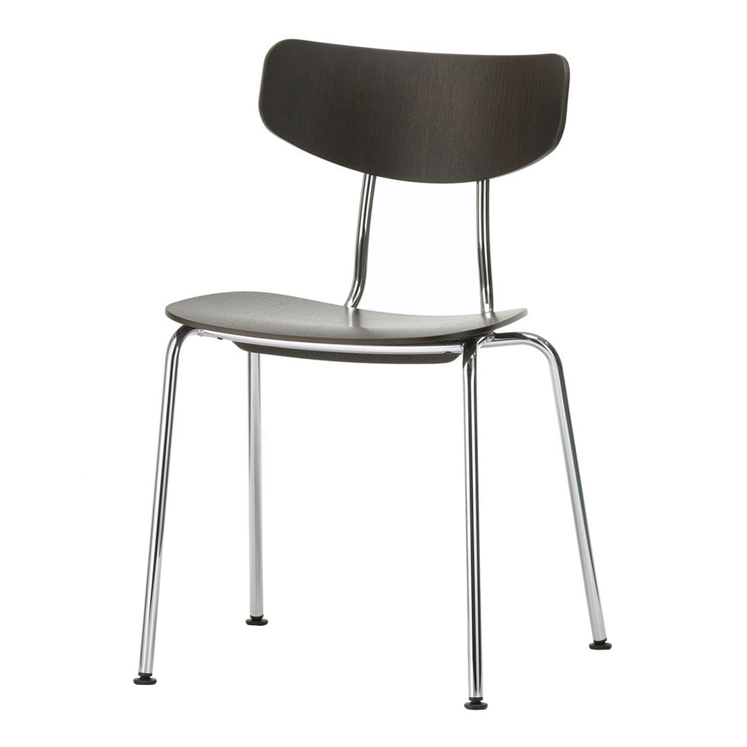 Stylish black wooden chair with a sleek chrome frame and minimalist design, perfect for modern interiors.