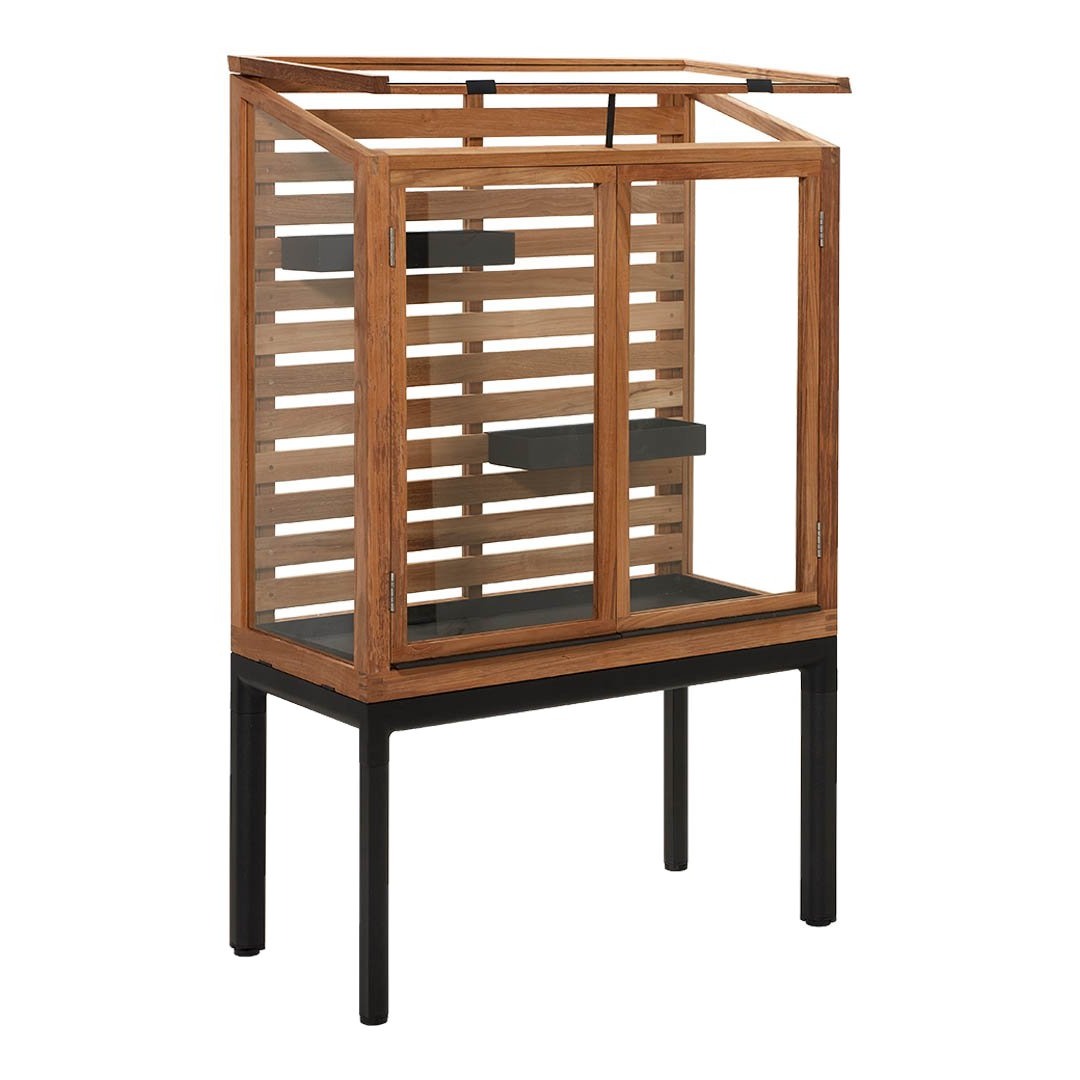 Wooden display cabinet with a natural wood finish and black metal accents, featuring slatted design.