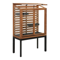 Wooden display cabinet with a natural wood finish and black metal accents, featuring slatted design.