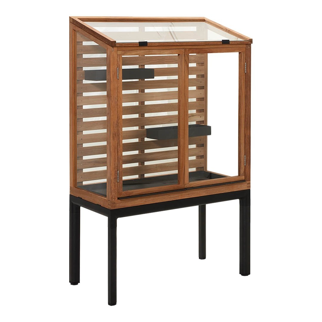 Wooden display cabinet in natural brown with black accents and a slatted design, featuring a glass top.