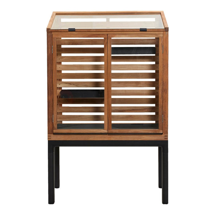 Wooden cabinet with a warm brown finish, featuring black accents and horizontal slat patterns. Glass top adds elegance.