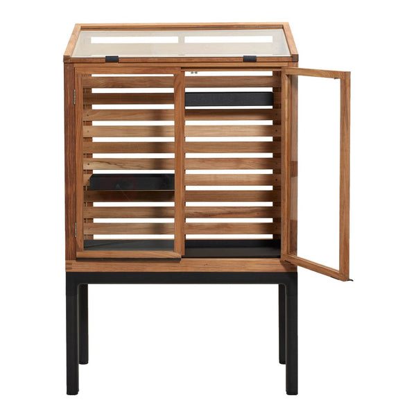 Wooden display cabinet with a natural finish, black accents, and a slatted pattern, featuring a glass top and door.