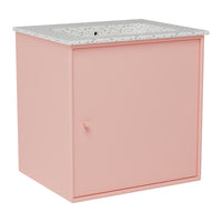 Pink nightstand with a speckled gray top, featuring a simple design and clean lines. Perfect for modern decor.