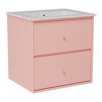 Pink drawer cabinet with a speckled white top and matching pink knobs. Modern design for stylish storage.