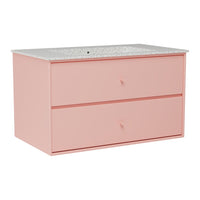 Pink dresser with two drawers and a speckled white countertop design. Ideal for modern decor styling.
