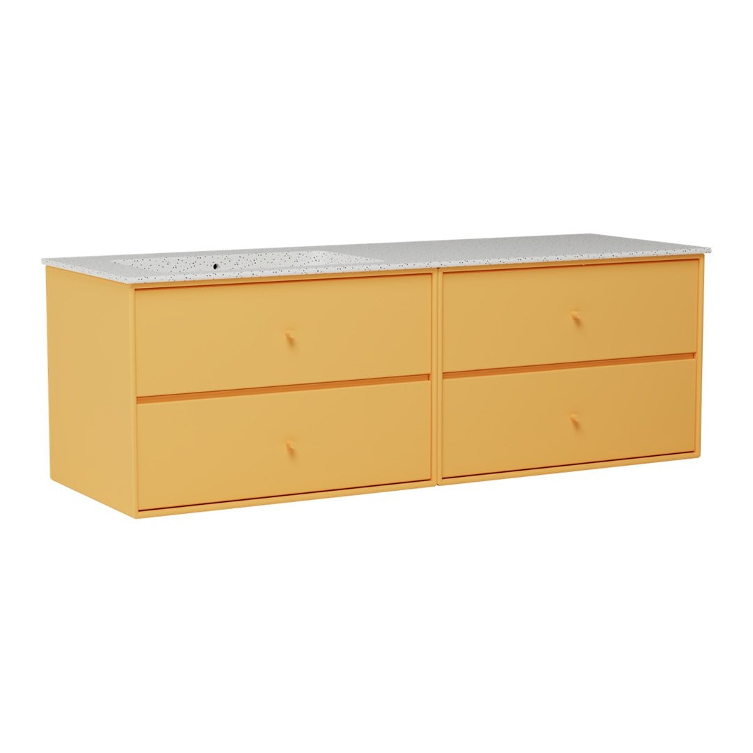 Yellow four-drawer storage cabinet with a smooth gray top and minimalistic design. Perfect for modern decor.