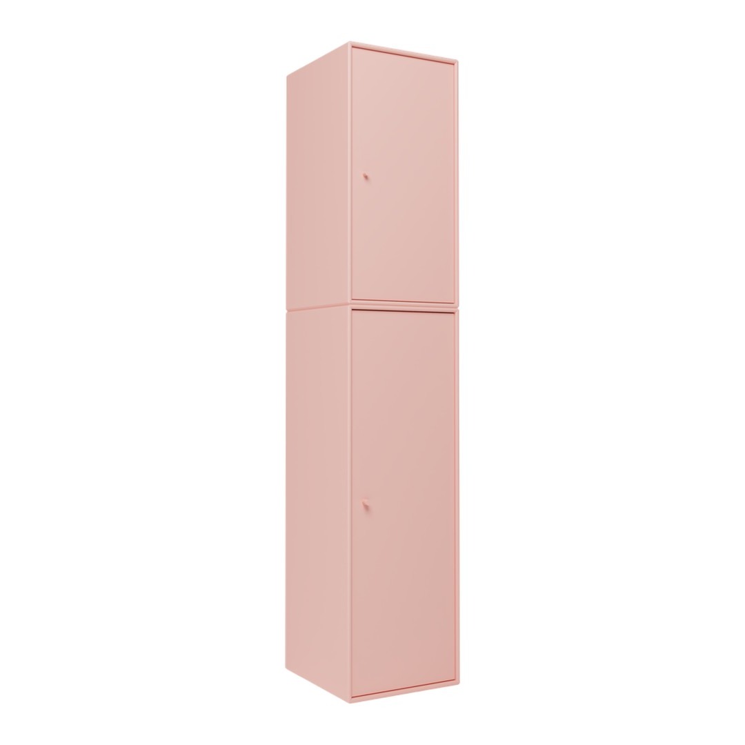 Tall, modern storage cabinet in soft pink with a smooth, matte finish and minimalist design.