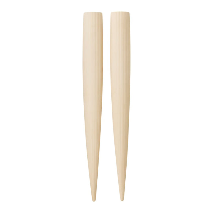 Natural beige wooden knitting needles with a smooth, tapered design. Ideal for various yarn projects.