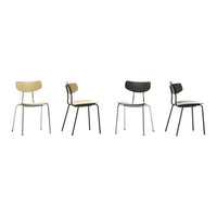 Set of four minimalist chairs in beige, taupe, black, and dark brown with sleek metal legs and smooth finishes.