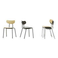 Stackable chairs in natural wood and black, featuring sleek metal legs and minimalist design. Perfect for modern spaces.