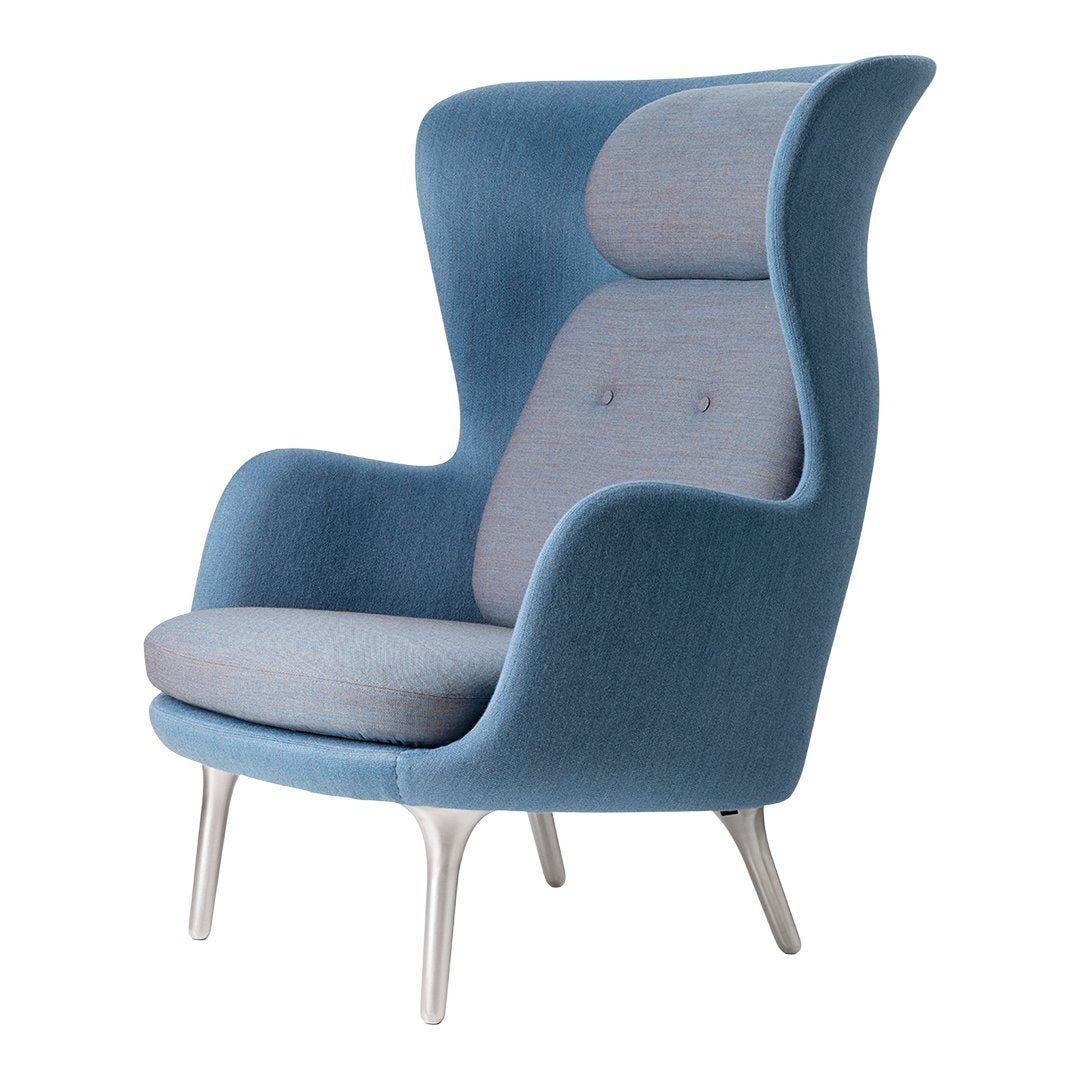 Blue upholstered high-back chair with a light blue accent and smooth, contemporary lines. Ideal for modern interiors.