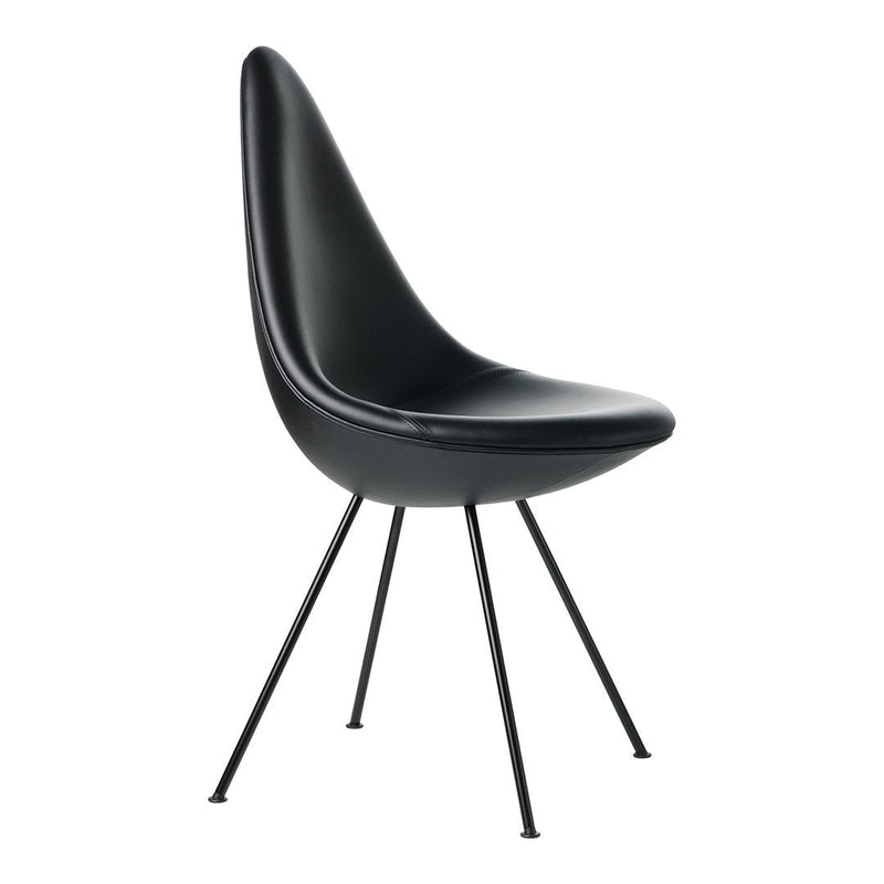 Black teardrop chair with sleek, smooth finish and slender black metal legs, offering a modern and minimalist design.