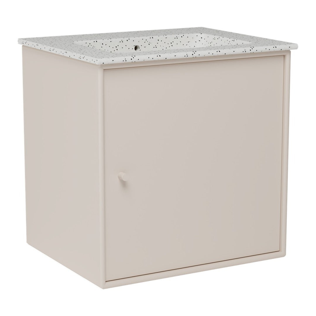 Light beige storage cabinet with a speckled white countertop. Simple, modern design for versatile décor.