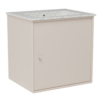 Light beige storage cabinet with a speckled white countertop. Simple, modern design for versatile décor.