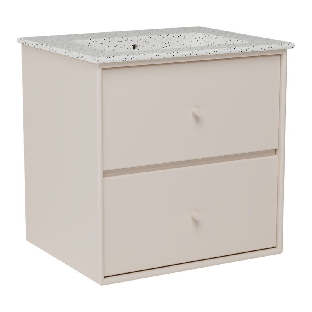 Light beige cabinet with a speckled white countertop and two smooth drawers. Modern and minimalistic design.