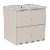 Light beige cabinet with a speckled white countertop and two smooth drawers. Modern and minimalistic design.