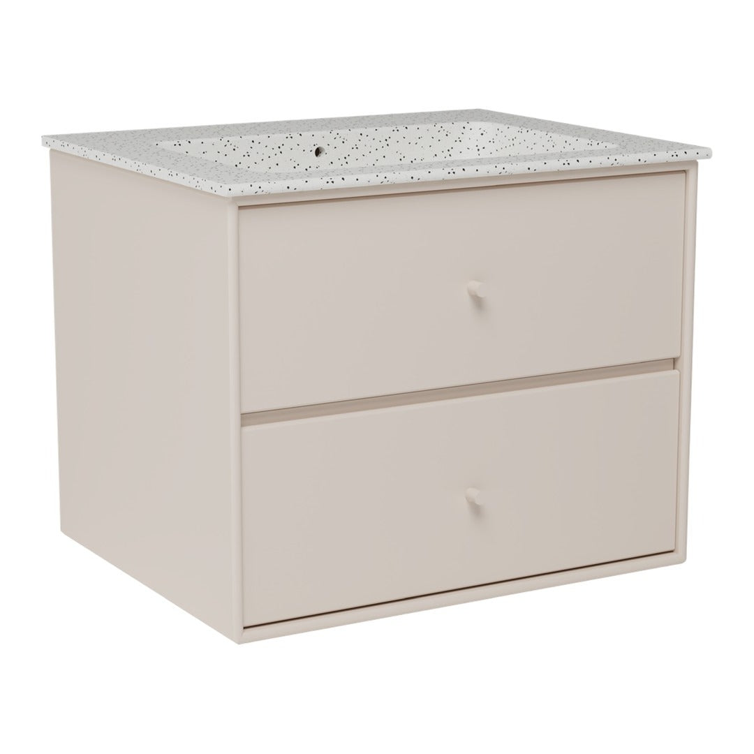 Light beige cabinet with two smooth drawers and a speckled white countertop. Detailed and modern design.