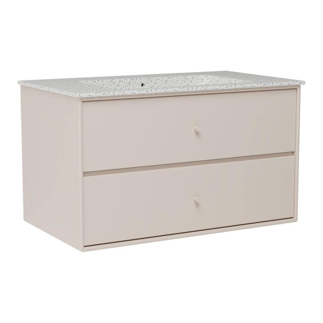 Light beige dresser with a speckled white countertop and two spacious drawers, offering a sleek and modern look.