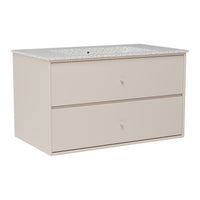 Light beige dresser with a speckled white countertop and two spacious drawers, offering a sleek and modern look.