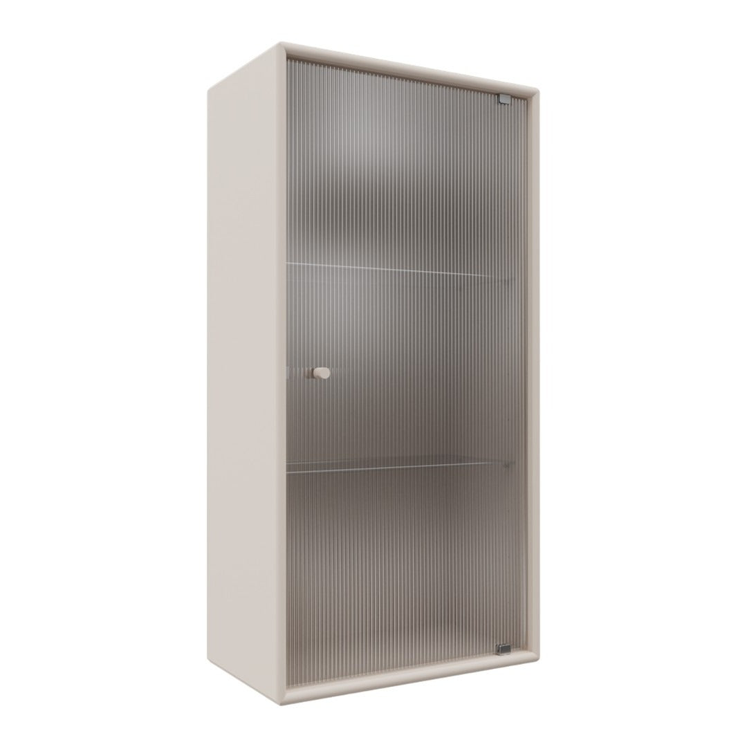 Beige cabinet with a ribbed glass door and sleek modern design, perfect for stylish storage solutions.