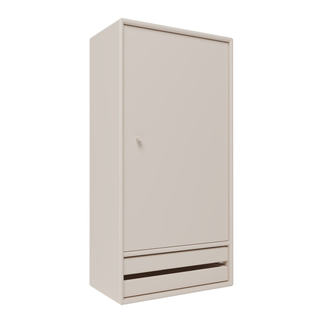 Light beige wardrobe with a smooth finish and minimalist design, featuring a single drawer at the bottom.