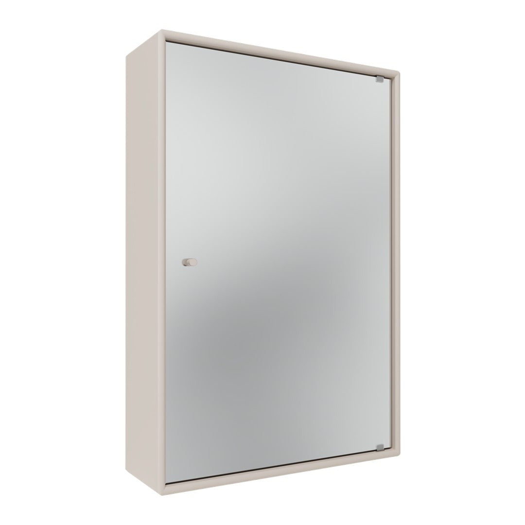 Beige wall-mounted cabinet with a sleek mirror front, perfect for modern decor.