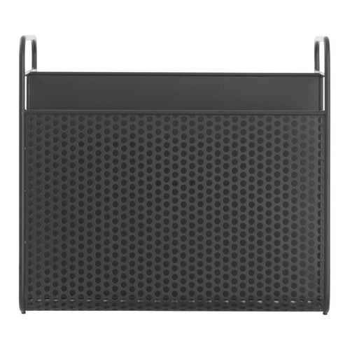 Black metal organizer with a honeycomb pattern and sleek top edge, perfect for modern storage solutions.