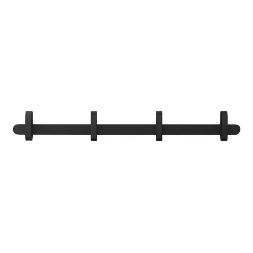 Black minimalist wall hook rack with four evenly spaced hooks, sleek design for modern decor.