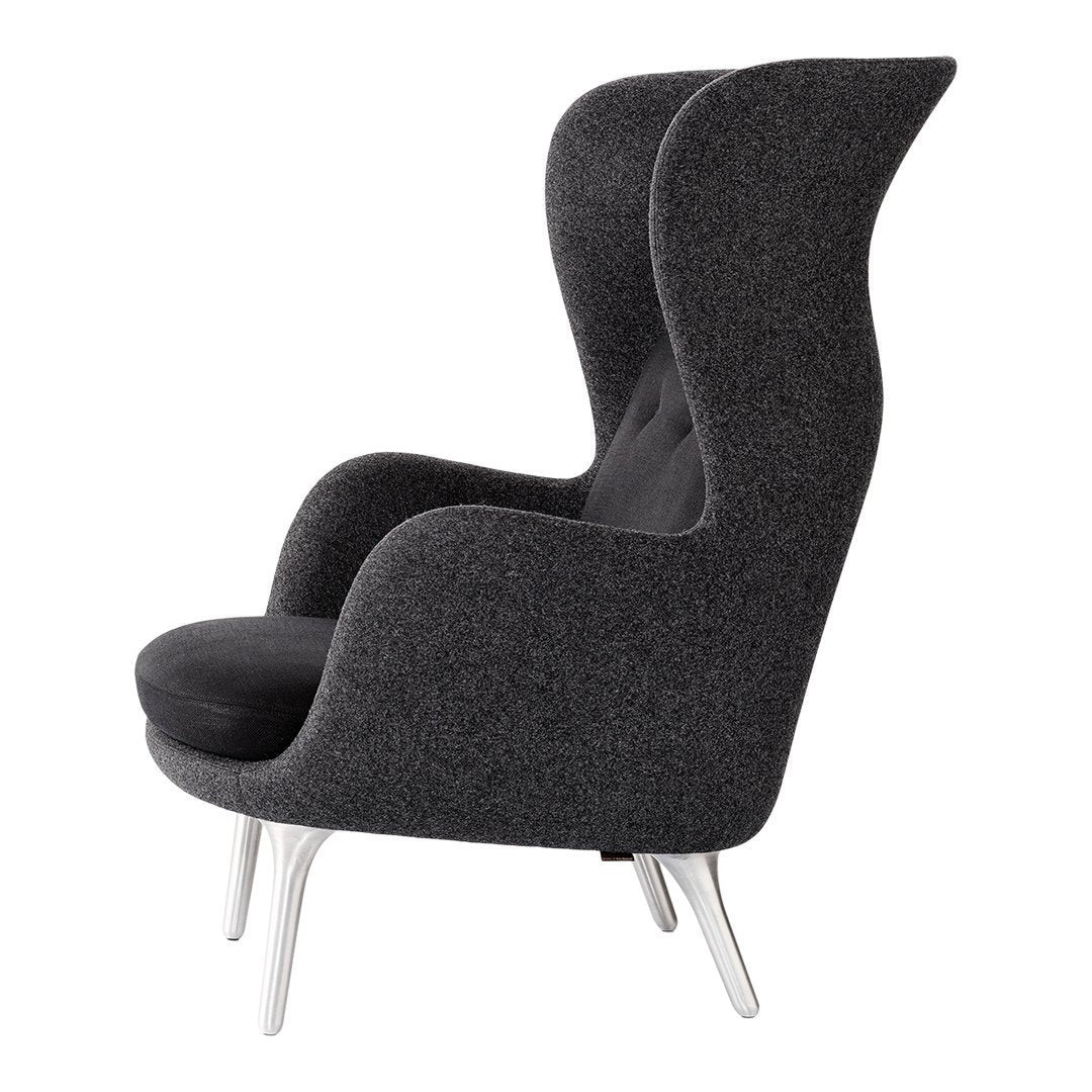Elegant gray patterned high-back chair with smooth black seat and sleek silver legs. Perfect for modern decor.