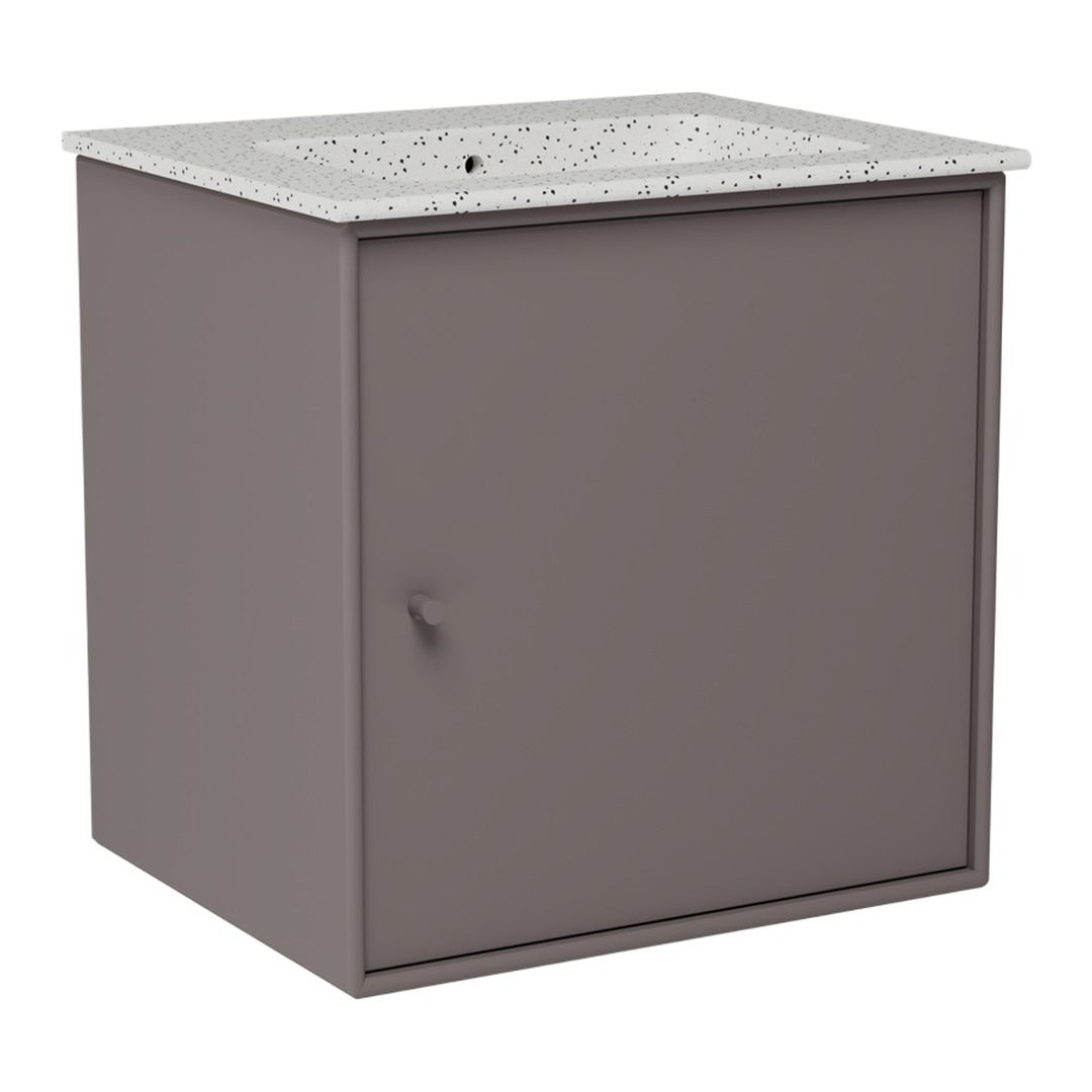 Gray cabinet with a speckled white countertop, featuring a sleek design and modern finish. Perfect for stylish storage.