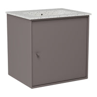 Gray cabinet with a speckled white countertop, featuring a sleek design and modern finish. Perfect for stylish storage.