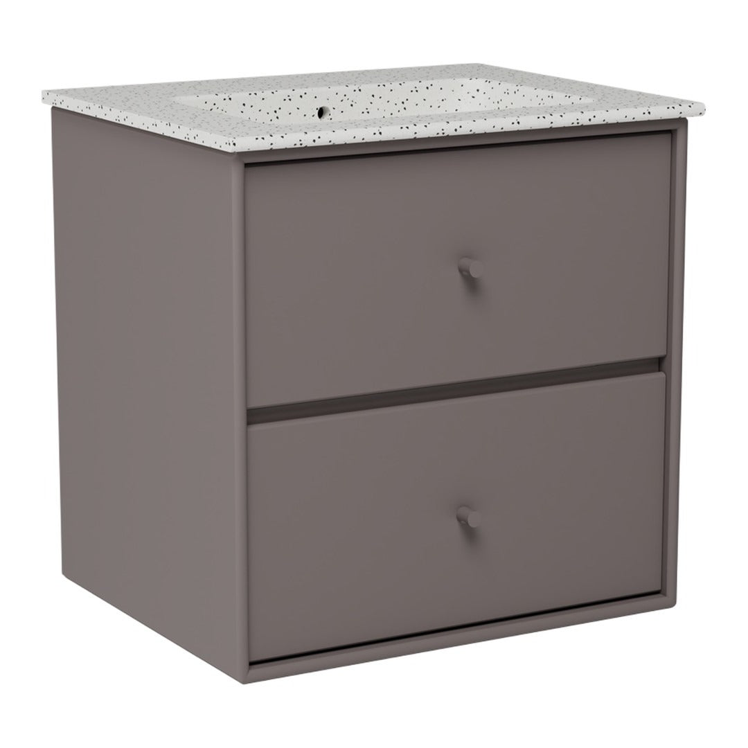 Gray drawer cabinet with a speckled white countertop. Modern and sleek design for versatile decor.