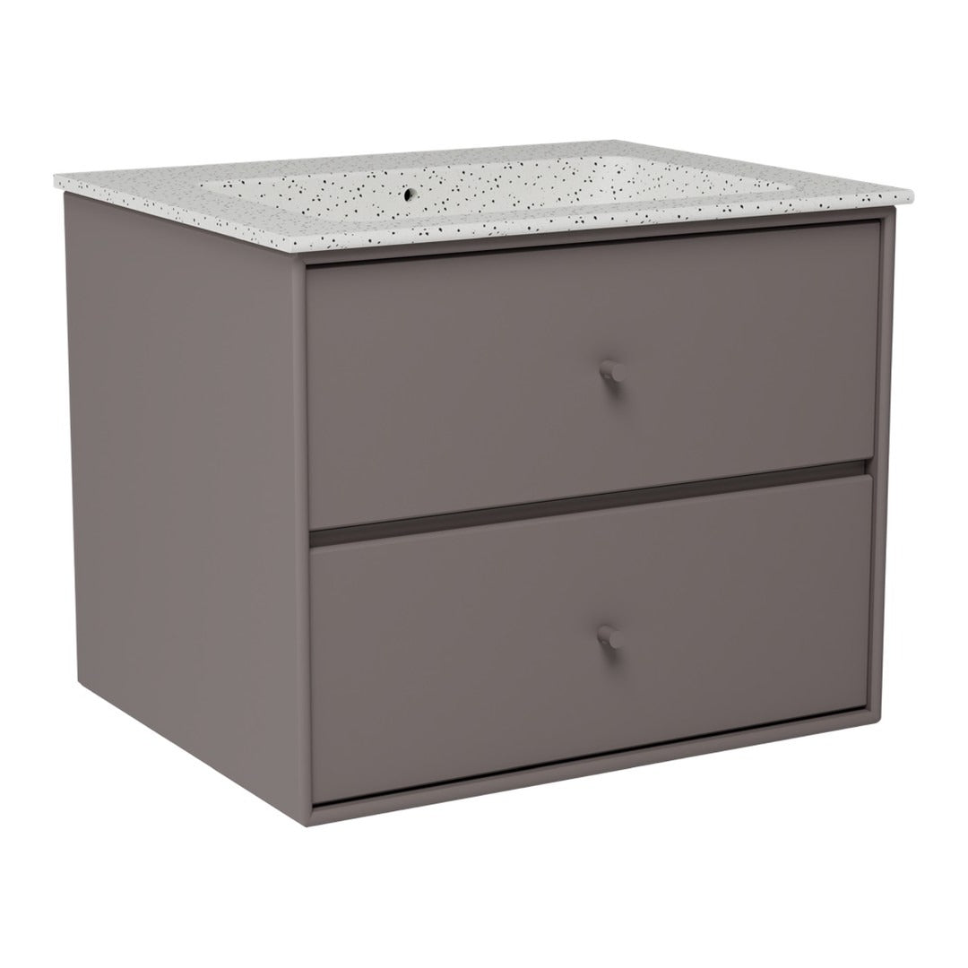 Stylish gray cabinet with two spacious drawers and a speckled white countertop pattern. Perfect for modern decor.