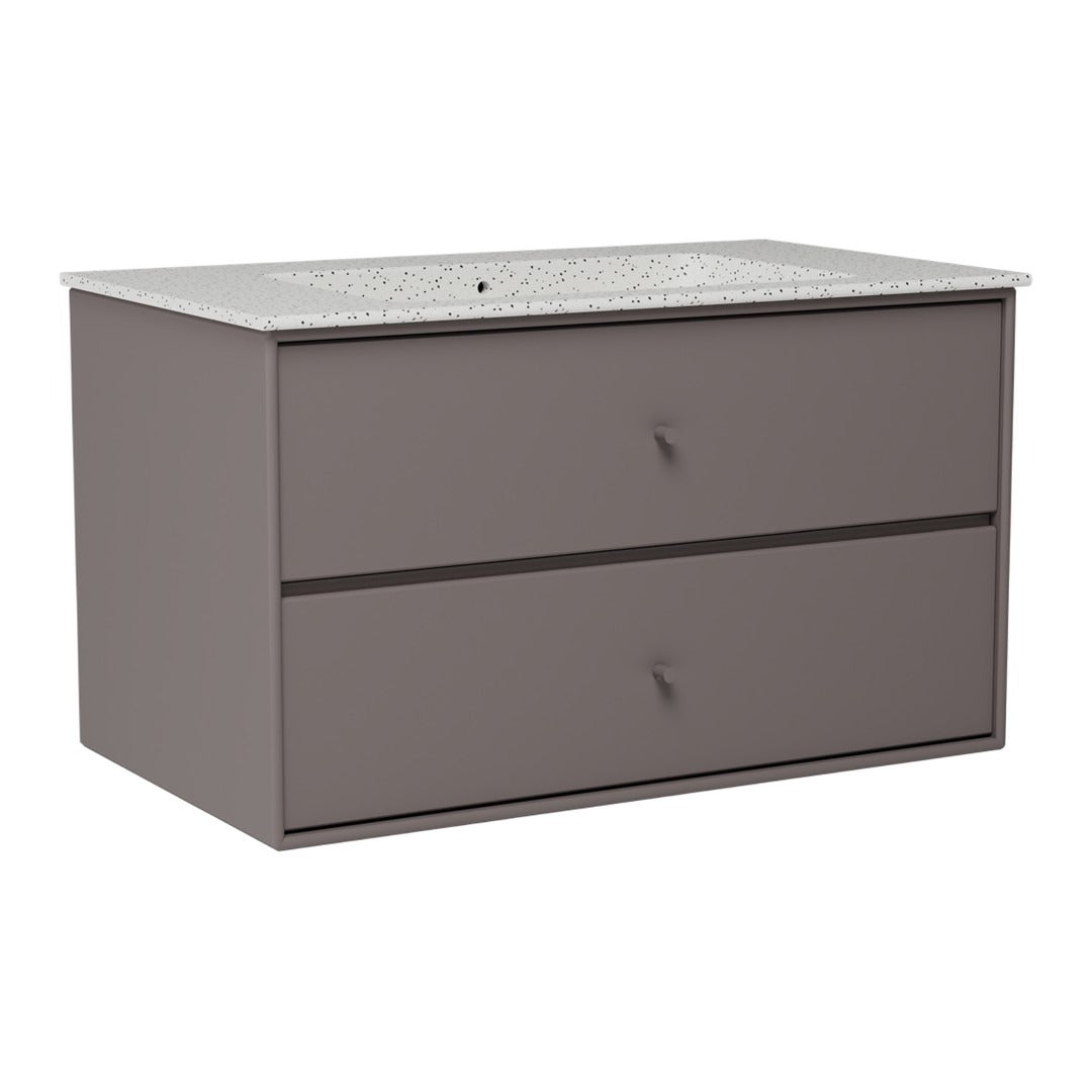 "Modern gray vanity with a sleek speckled white countertop and minimalist drawer design."