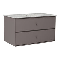 "Modern gray vanity with a sleek speckled white countertop and minimalist drawer design."
