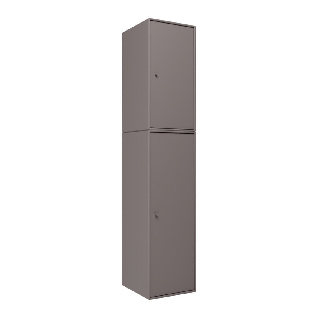 Tall, minimalist cabinet in a muted taupe color with a smooth, solid finish and no visible patterns.