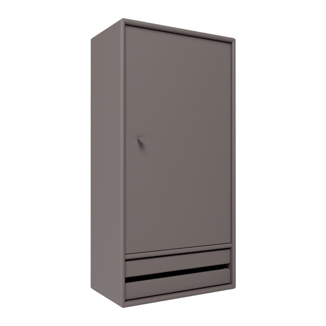 Solid brown wardrobe with a smooth finish and minimalist design, featuring a single door and two lower drawers.