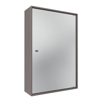 Silver mirrored cabinet with a sleek brown frame, featuring a minimalist design and smooth surface.