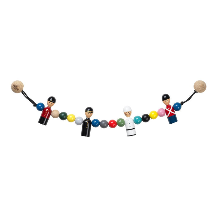 Colorful wooden characters on a string, featuring reds, blues, greens, yellows, and natural wood beads. Playful, vibrant design.