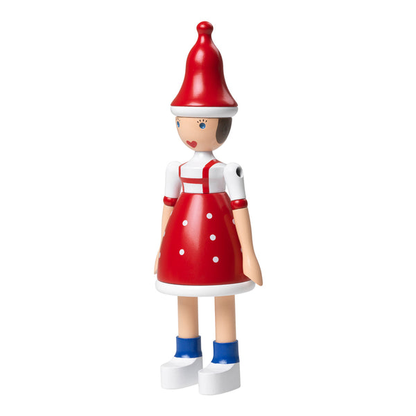 Red and white toy figurine with polka dots, blue shoes, and a pointed hat. Playful design perfect for decor or gifts.